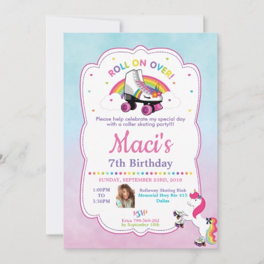 Unicorn Roller Skating Birthday Party Invitation Kaart (Voorkant)