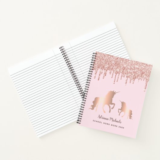 Unicorn roos goudglitter druppelt naammeisje notitieboek (Binnen)