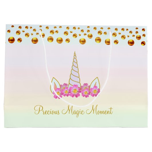 Unicorn, roze bloemen en gouden Confetti Groot Cadeauzakje (Achterkant)