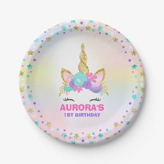 Unicorn Roze en Gold Paper Bord 7-inch Borden (Voorkant)