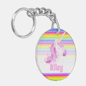 Unicorn roze en regenboogstrepen, aangepaste naam sleutelhanger (Voorkant Links)
