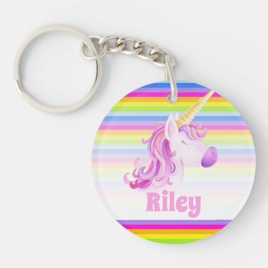 Unicorn roze en regenboogstrepen, aangepaste naam sleutelhanger (Voorkant)