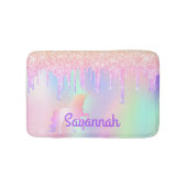 Unicorn roze glitter druppelt naam holografisch op badmat (Voorkant)