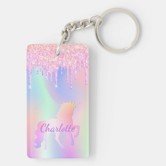 Unicorn roze glitter druppelt naam holografisch op sleutelhanger (achterkant)