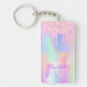 Unicorn roze glitter druppelt naam holografisch op sleutelhanger (Voorkant)