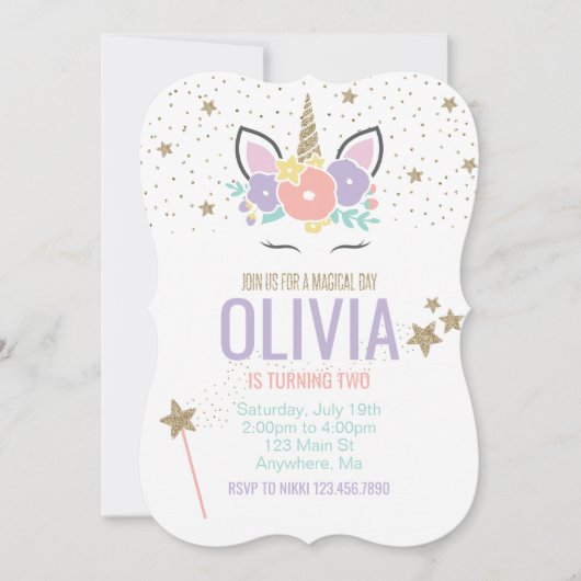Unicorn roze goudglitter verjaardagsuitnodiging kaart (Voorkant)