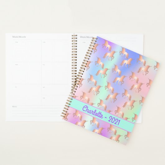 Unicorn roze irdescent roos goudnaam 2022 planner (Display)