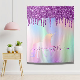 Unicorn roze paarse glitter druppelt naam meisje wandkleed
