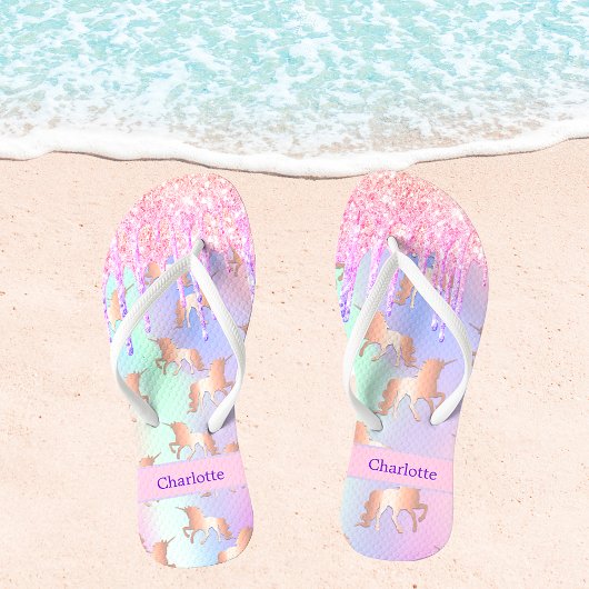 Unicorn roze paarse glitter druppelt naam op teenslippers