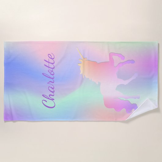 Unicorn roze paarse monogram holografisch strandlaken (Voorkant)