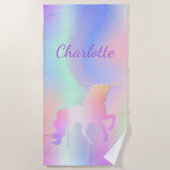 Unicorn roze paarse monogram holografisch strandlaken (Voorkant)