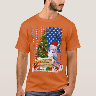 Unicorn Santa Hat & Xmas Tree American Flag Merry T-shirt
