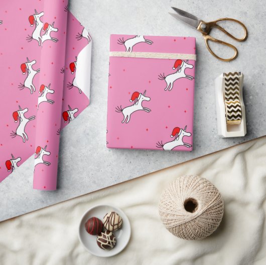 Unicorn Santa Pink Background Wrapping Paper Cadeaupapier (Crafts)
