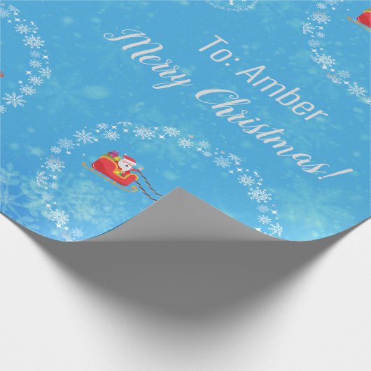 Unicorn Santa's Sleigh Personalize Name Merry Xmas Cadeaupapier (Hoek)