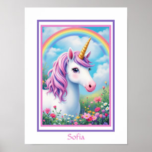 Unicorn Schattige Girl's Pink en Paarse Naam toevo Poster