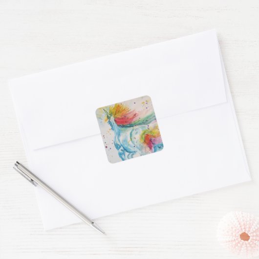 Unicorn-schilderende Waterverf die regenboogkunst  Vierkante Sticker (Envelop)