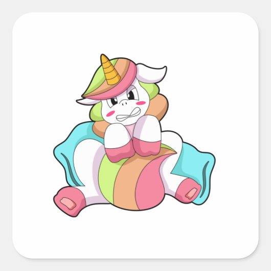 Unicorn Shy met Pillow Vierkante Sticker (Voorkant)