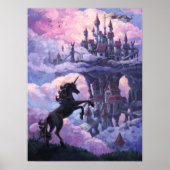 Unicorn Silhouette en Castle in roze wolken Poster (Voorkant)
