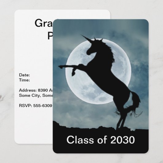 Unicorn Silhouette Full Moon Graduation Party Kaart (Voorkant / Achterkant)