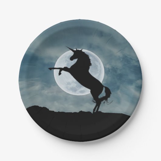 Unicorn Silhouette Full Moon Night Sky Trendy Papieren Bordje (Voorkant)