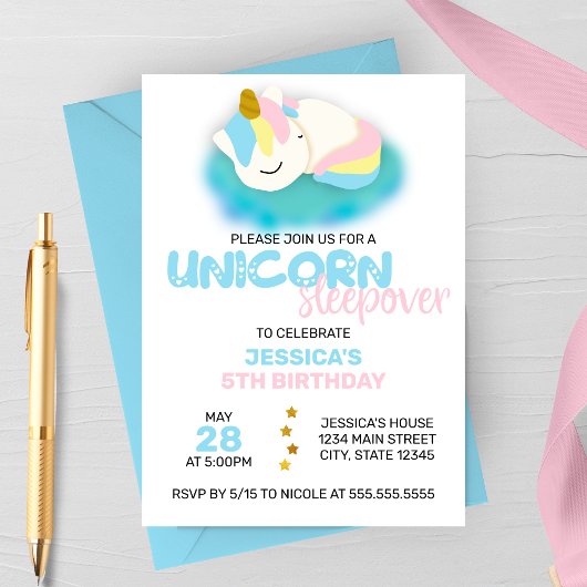 Unicorn Sleepover Kids verjaardagsfeestje uitnodig Kaart