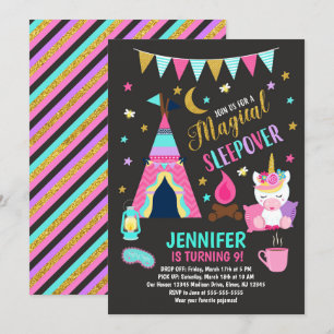 Unicorn Sleepover Party Birthday Invitation Kaart