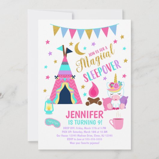 Unicorn Sleepover Party Birthday Invitation Kaart (Voorkant)