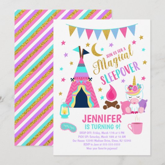 Unicorn Sleepover Party Birthday Invitation Kaart (Voorkant / Achterkant)