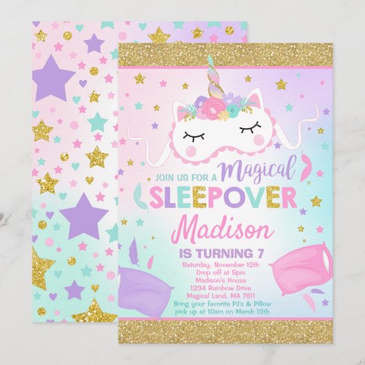 Unicorn Sleepover Party Invitation Slumber Party Kaart (Voorkant / Achterkant)
