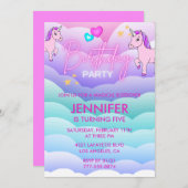 Unicorn Sleepover Uitnodiging 5e verjaardag Roze (Voorkant / Achterkant)