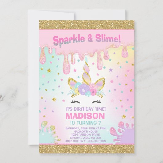 Unicorn Slime Birthday Invitation Slime Party Kaart (Voorkant)