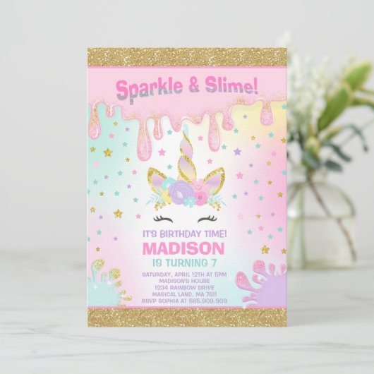 Unicorn Slime Birthday Invitation Slime Party Kaart (Staand voorkant)
