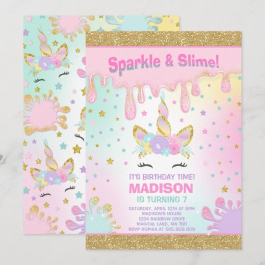 Unicorn Slime Birthday Invitation Slime Party Kaart (Voorkant / Achterkant)