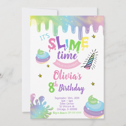 Unicorn Slime Birthday Party Invitation Kaart (Voorkant)