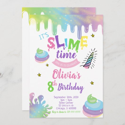 Unicorn Slime Birthday Party Invitation Kaart (Voorkant / Achterkant)