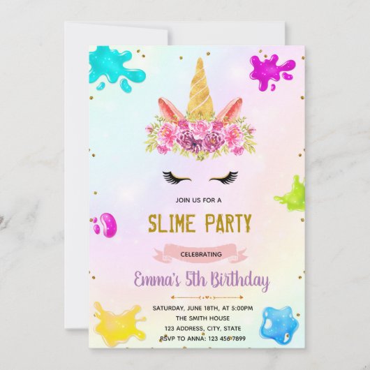Unicorn slime party-uitnodiging kaart (Voorkant)
