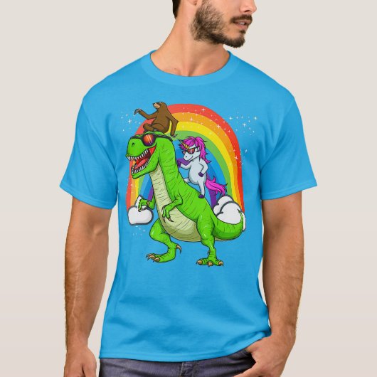 Unicorn Sloth Riding Dinosaur T Rex Rainbow Cute T-shirt (Voorkant)