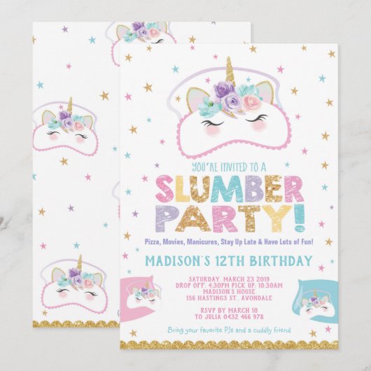 Unicorn Slumber Party Birthday Invitation Pajama Kaart (Voorkant / Achterkant)