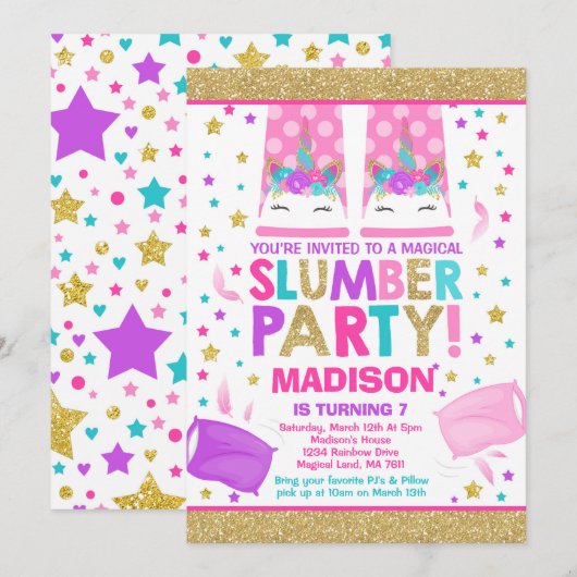 Unicorn Slumber Party Birthday Uitnodiging (Voorkant / Achterkant)