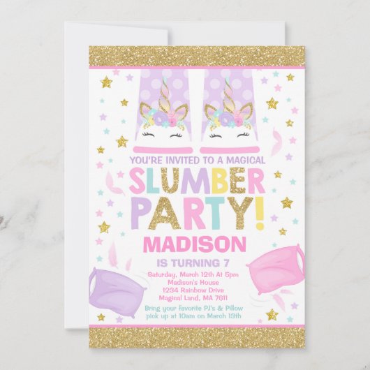 Unicorn Slumber Party Birthday Uitnodiging (Voorkant)