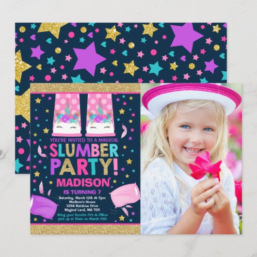 Unicorn Slumber Party Birthday Uitnodiging (Voorkant / Achterkant)