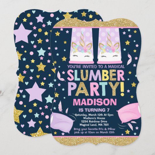 Unicorn Slumber Party Birthday Uitnodiging (Voorkant / Achterkant)