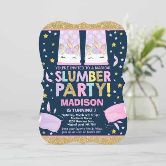 Unicorn Slumber Party Birthday Uitnodiging (Staand voorkant)