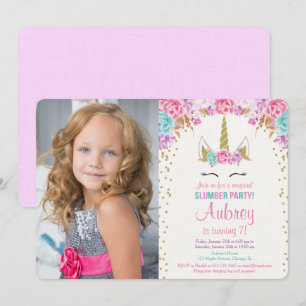 Unicorn slumber party roze en gouden fotoverjaarda kaart
