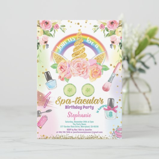Unicorn spa party verjaardagsuitnodiging waterverf kaart (Staand voorkant)