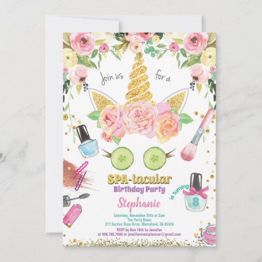 Unicorn spa party verjaardagsuitnodiging waterverf kaart (Voorkant)