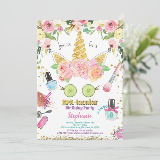 Unicorn spa party verjaardagsuitnodiging waterverf kaart (Staand voorkant)
