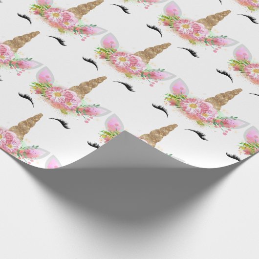 Unicorn Sparkl Glitter Pink Gold Floral Roos White Cadeaupapier (Hoek)