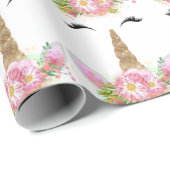 Unicorn Sparkl Glitter Pink Gold Floral Roos White Cadeaupapier (Rol Hoek)