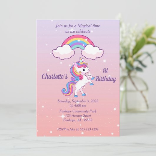 Unicorn Sparkle 1st Birthday Uitnodiging (Staand voorkant)